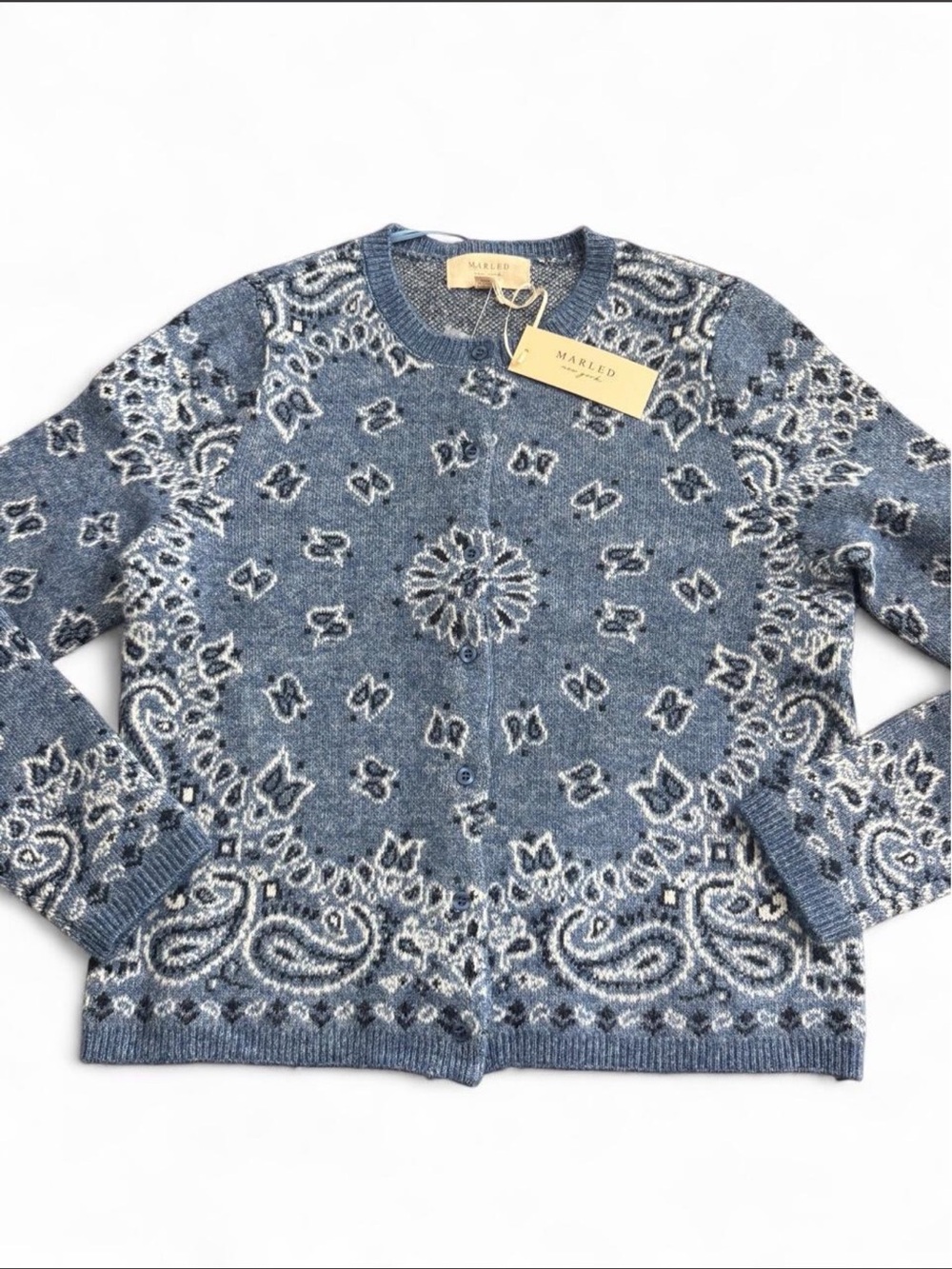 Viral Marled Blue Paisley-Patterned Knit Cardigan